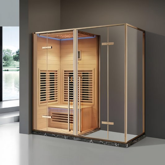 SR-11001 Far-Infrared Steam Room – Hemlock &amp; Matte Black Frame, 8mm Glass