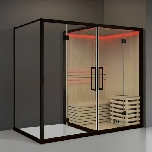 SR-11002 Dry Steam Room – Premium Hemlock & Matte Black Stainless Steel Design