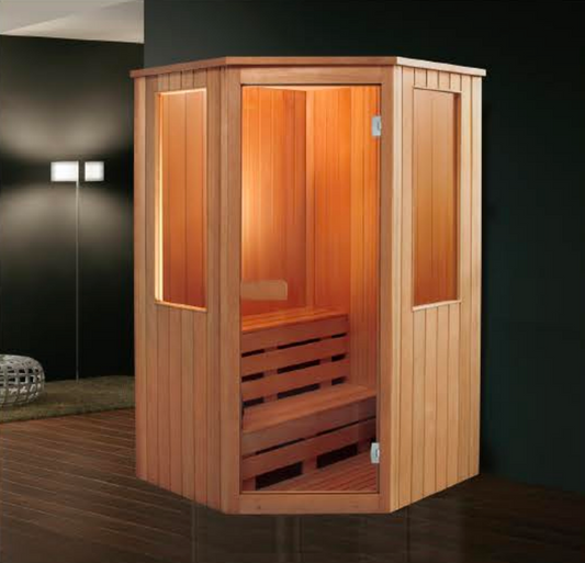 SR-11051 Corner Dry Steam Sauna – 2 Person Hemlock Wood Cabin with 8mm Tempered Glass