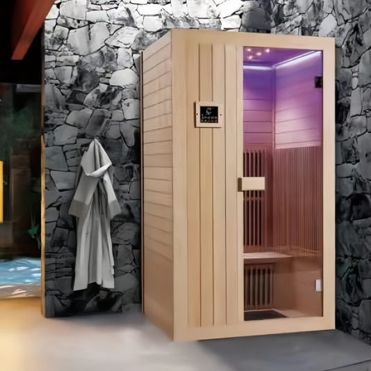 SR-11059 Far Infrared Sauna – Compact 1 Person Hemlock Steam Cabin with Mood Lighting