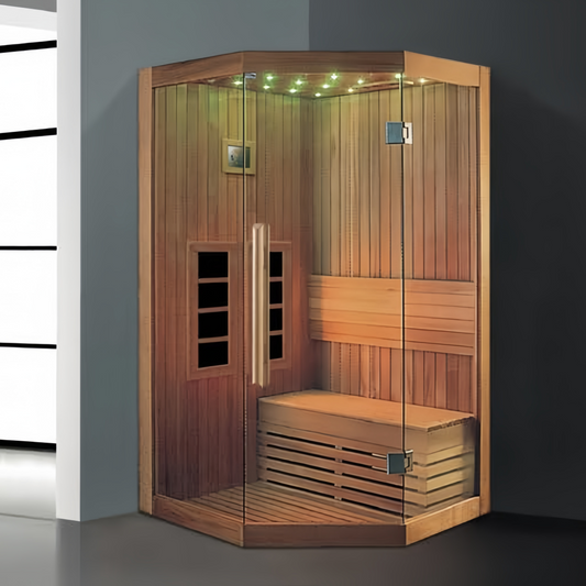 SR-11060 Corner Infrared Sauna – 1 Person Cedar Steam Room with 8mm Tempered Glass